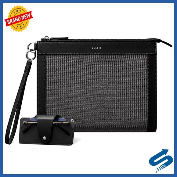Men's Clutch Bag Vegan Leather Business Handbag Detachable Wrist Strap Glasses